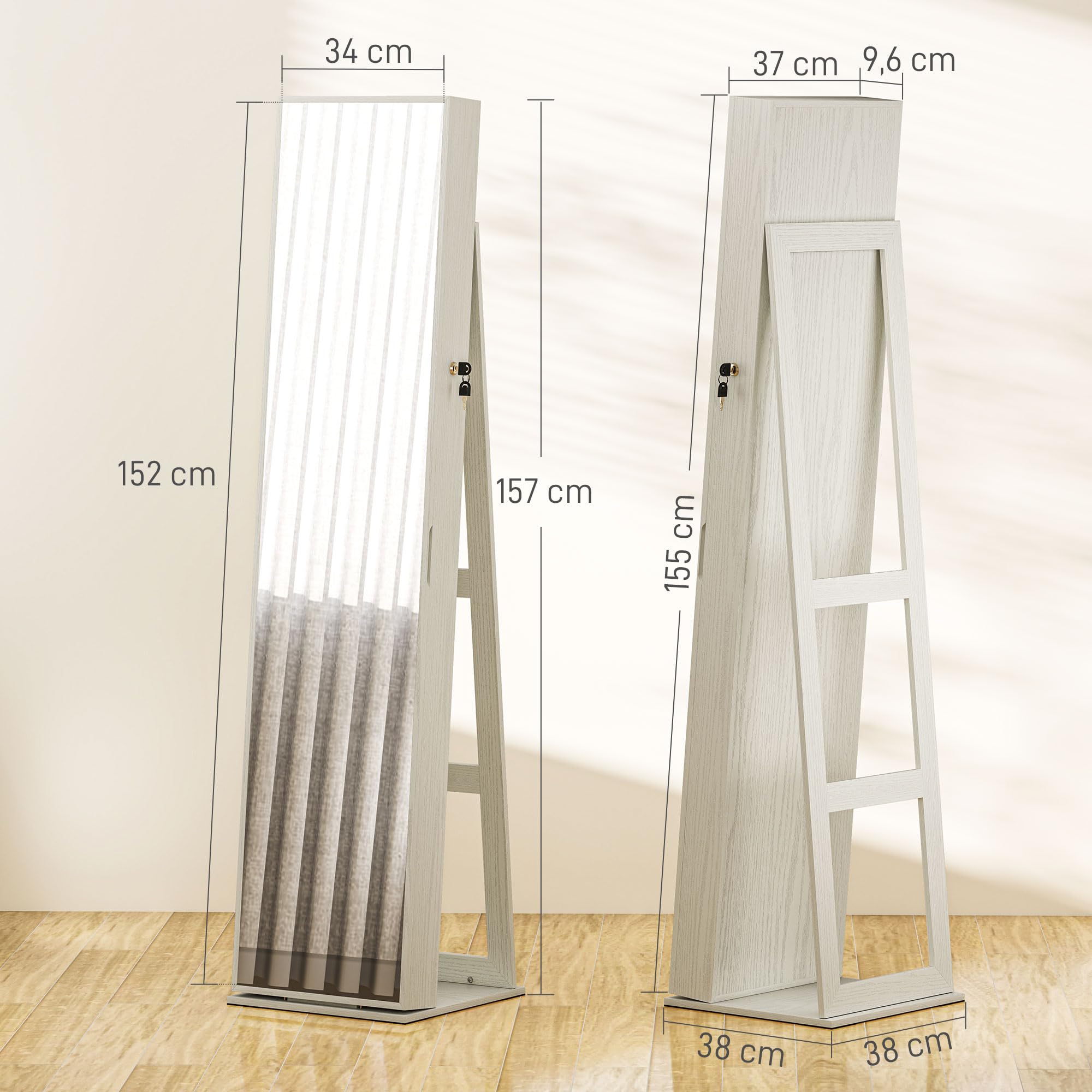 HOMCOM Espejo Joyero de Pie con Luces LED y Cerradura Armario de Joyas Blanco Veta Madera