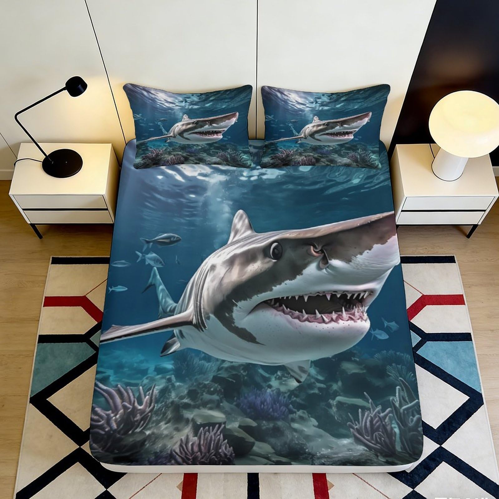 3D Printed Shark Ocean Fitted Sheet Microfiber Soft Breathable Underwater Reef Bed Cover for Bedroom Dorm Mattress Protection Decor 200x200x25cm