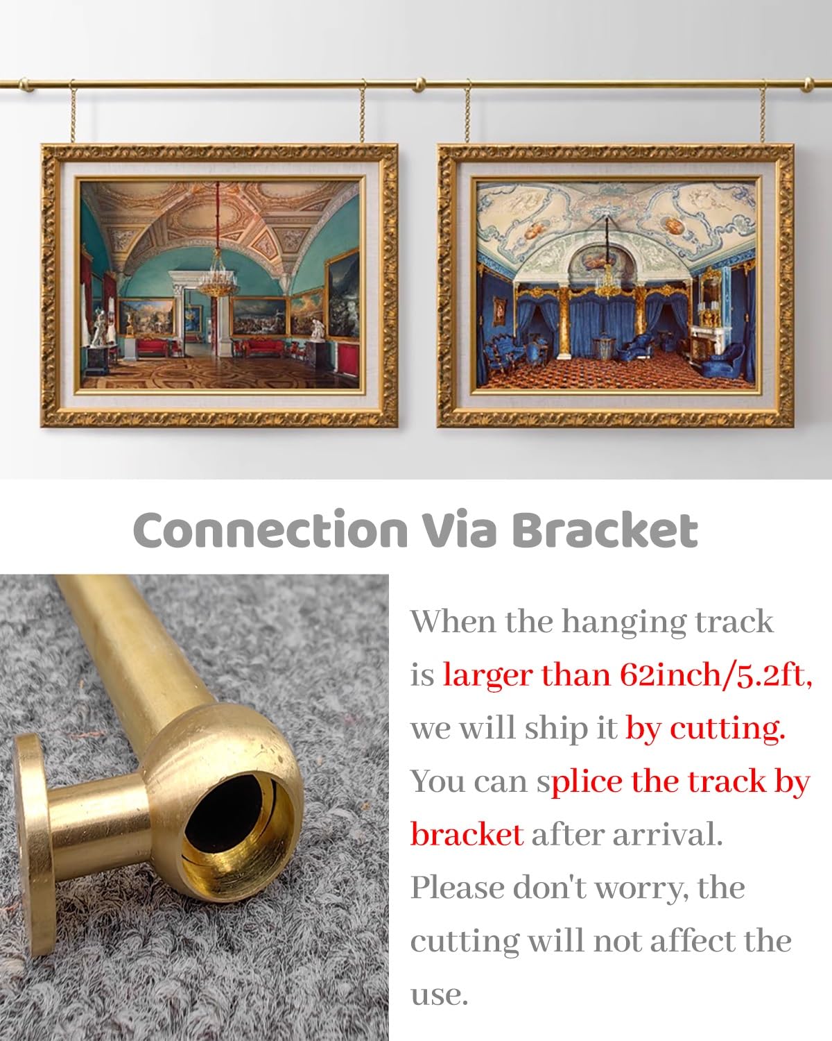 Binario per Quadri Wall Brass Picture Hanging System for Art Gallery, Wall Mount Artwork Display for Kids Art, Decorative Adjustable Suspension Cable Kit Supports(35.4inch/2.9ft)