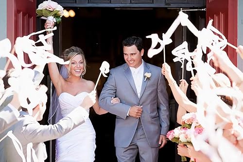 Miniatura 2 de Kingsnow Paquete de 50 varitas de cinta de encaje blanco con campanas plateadas, varitas de deseos de palo de hadas de seda para bodas, actividades