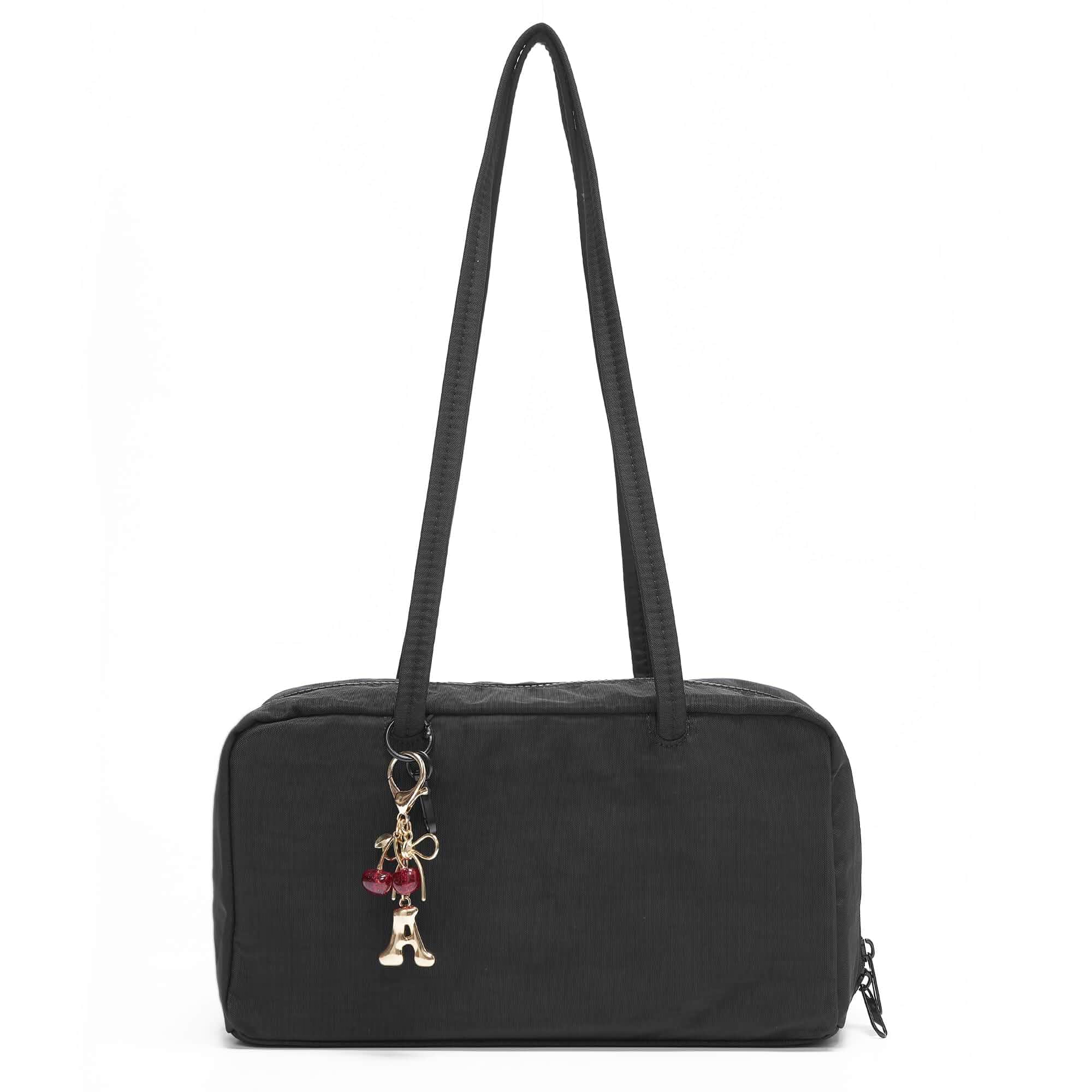 Nylon Bowler Bag, Medium Lightweight Shoulder Tote Purse Handbag with Charm Roomy storage, interior zip pocket, key leash, 12.6-inch strap drop, and removable initial charm with cherry accents