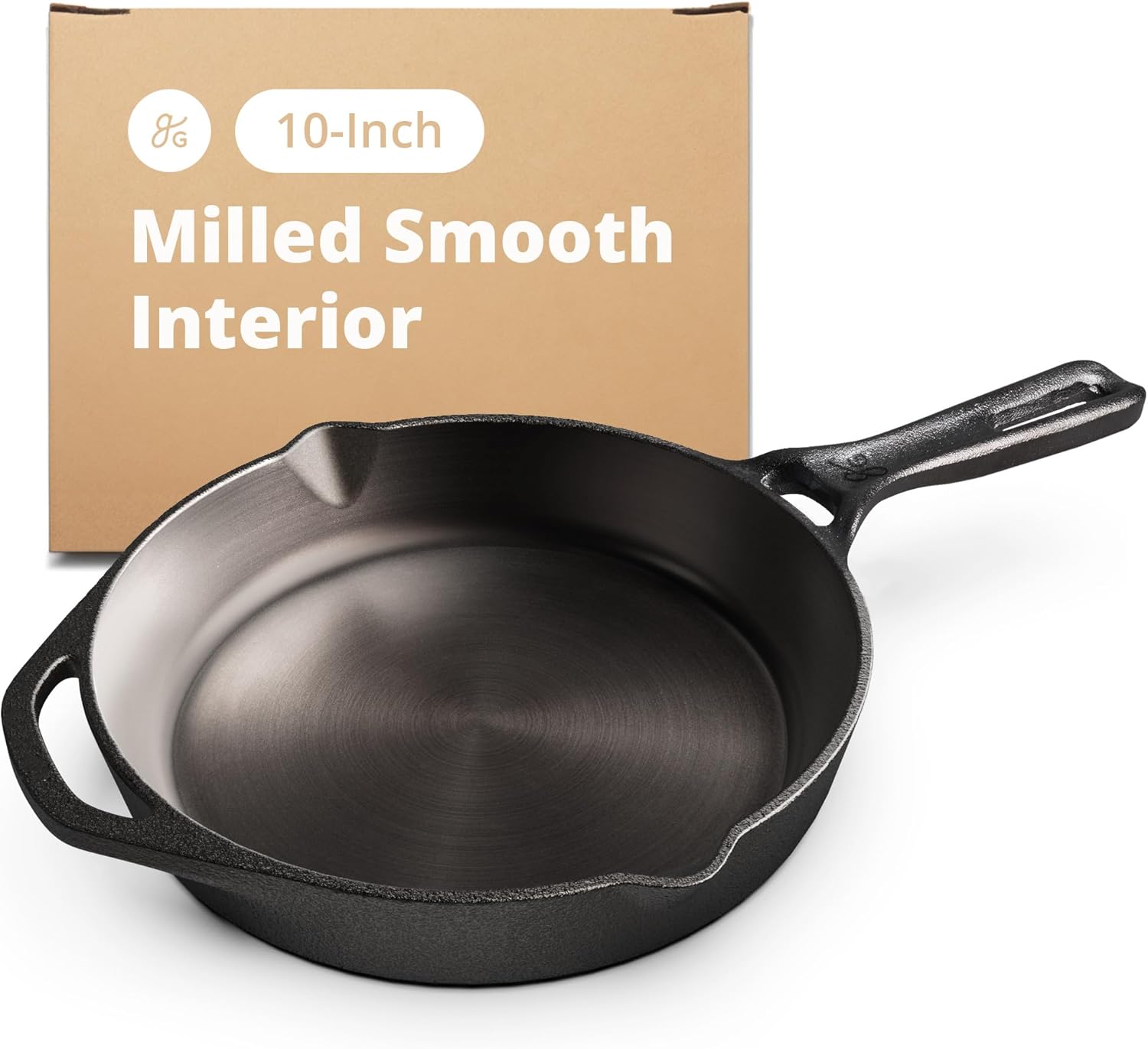 Greater Goods 10-Inch Cast Iron Skillet - Milled Smooth Pre-Seasoned Surface, Organic Flaxseed Oil, XL Handle & Dual Spouts