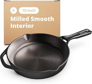 Greater Goods 10-Inch Cast Iron Skillet - Milled Smooth Pre-Seasoned Surface, Organic Flaxseed Oil, XL Handle & Dual Spouts