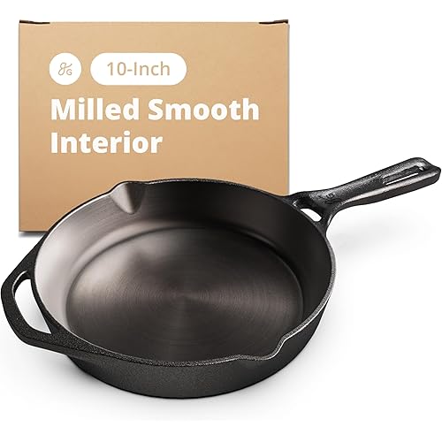 Greater Goods 10-Inch Cast Iron Skillet Frying Pan – Milled Smooth Cast Iron Cooking Surface, Organically Pre-Seasoned with Flaxseed Oil, Long Handle & Dual Pour Spouts for Better Control