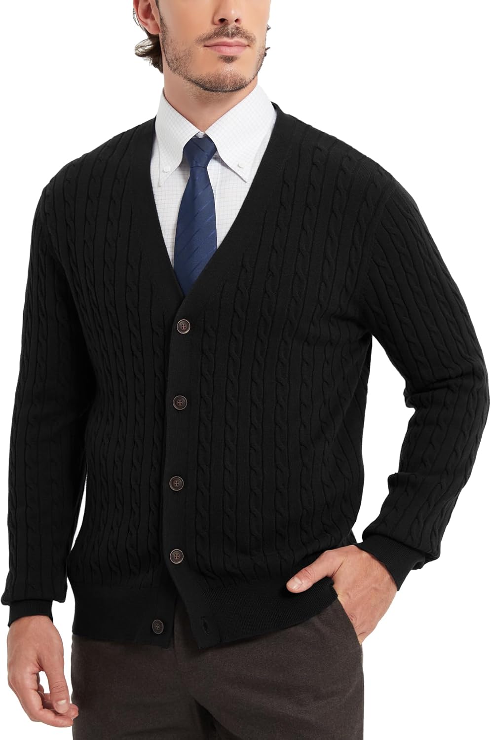 Kallspin Men’s Pure Cotton Cable Knit Cardigan V-Neck Sweater Classic Casual Knitwear with Buttons