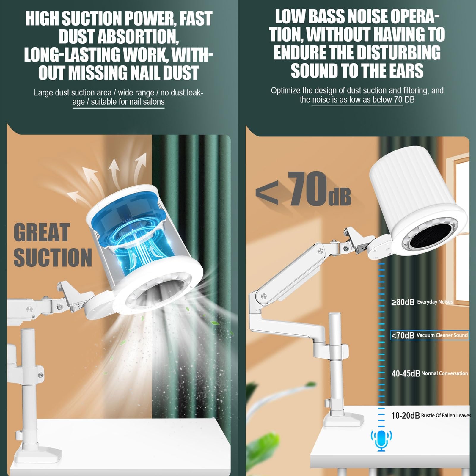 Aspiratore Unghie con Luce, Aspirapolvere Industriale per Unghie da 80 W con Filtro Riutilizzabile E Supporto da Tavolo Universale, Ventilatore A Basso Rumore per Lucidatura E Salone