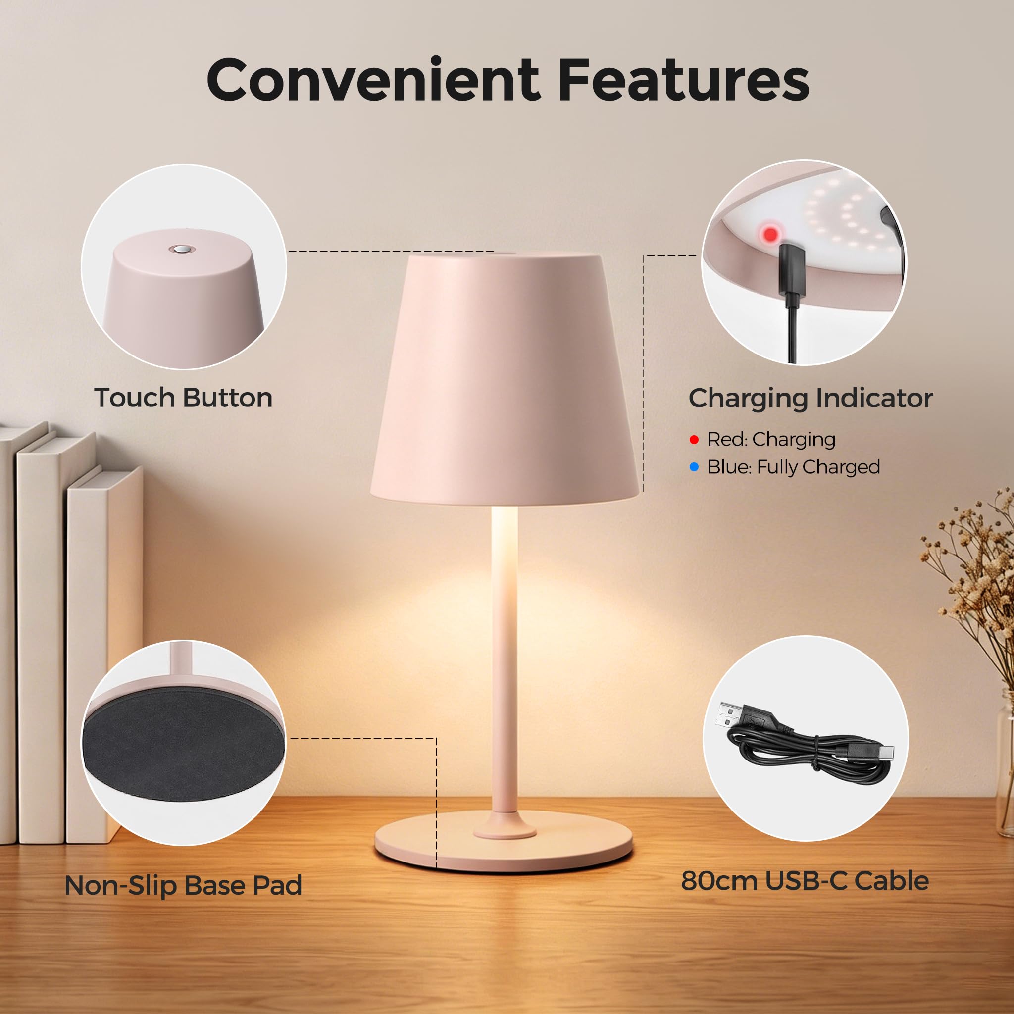 Lámparas de Mesa LED Inalámbrica, Lámpara Recargable de Mesita de Noche y Escritorio para Interior y Exterior – 3 Temperaturas de Color, Regulación Continua, Cuerpo Metálico, IP54, 5300 mAh