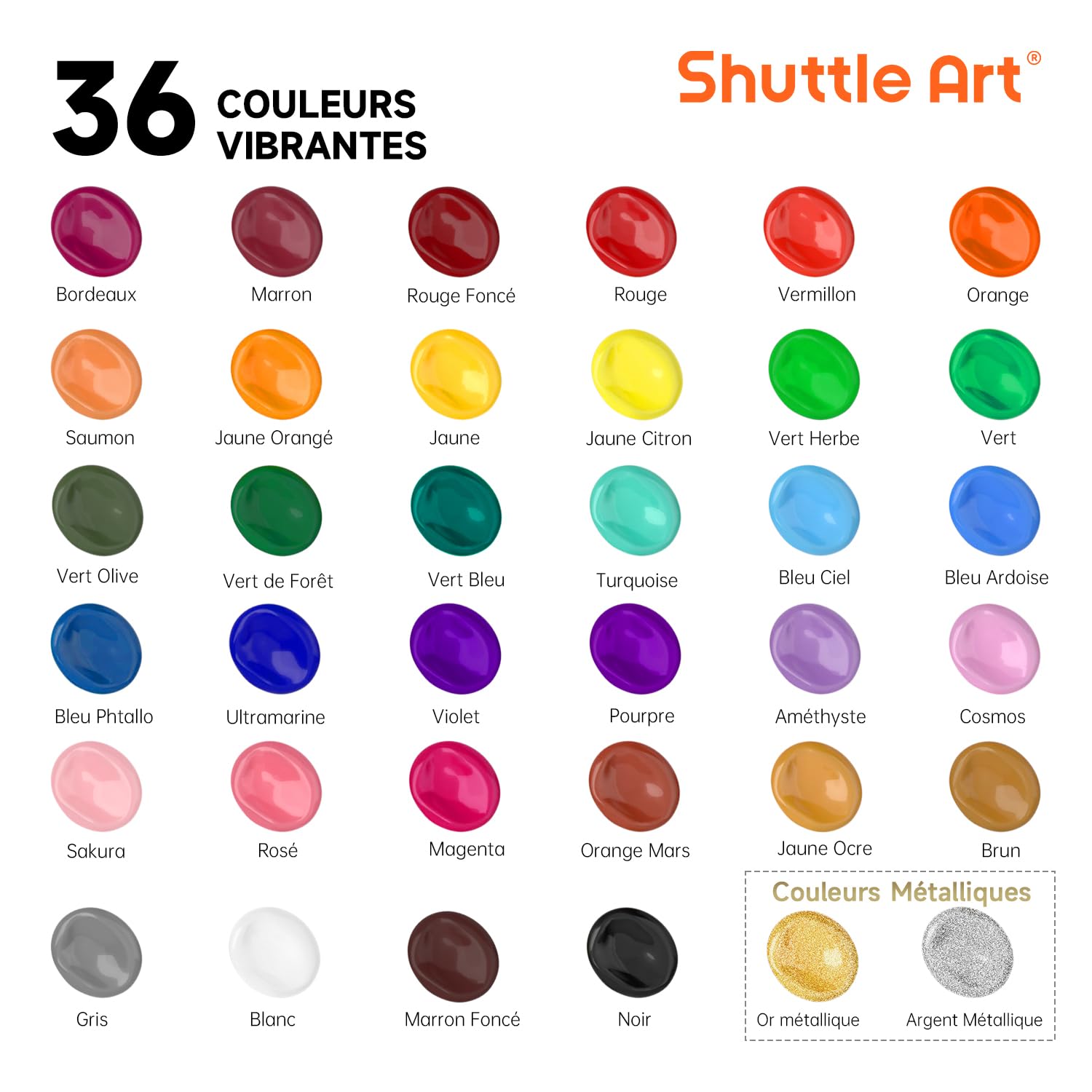 Shuttle Art Peinture Acrylique, 36 Couleurs (60ml) Kit Peinture Acrylique avec 12 Pinceaux 1 Palette, Riche Pigmentée, Non Toxique pour Artiste Débutant Adulte Enfant sur Toile Tissu