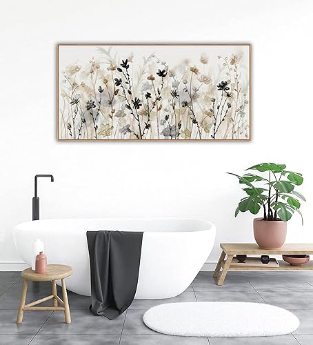 Miniatura 4 de Lienzo enmarcado de flores para pared, cuadros abstractos de paisaje gris crema marrón, impresiones sobre lienzo para el hogar, sala de estar,