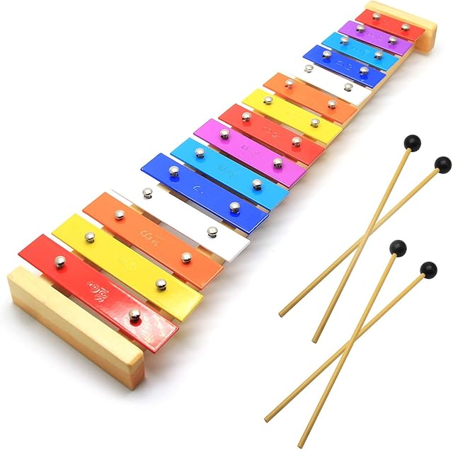 CeleMoon 15 Tone Natural Wooden Toddler Xylophone Glockenspiel for Kids with Multi-Colored Metal Bars Included Two Sets of Child-Safe Wooden Mallets