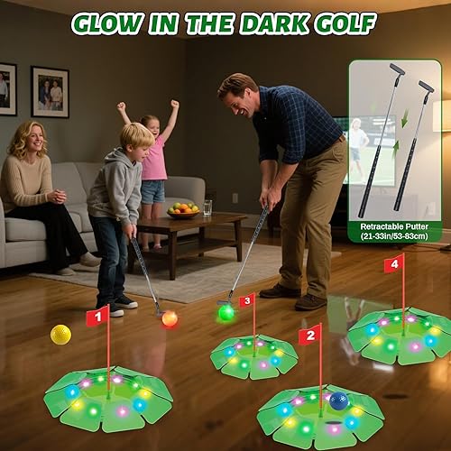 Miniatura 3 de Juego de golf iluminado VATOS - Mini juguete de golf con brillo con 4 agujeros LED, 4 bolas (2 brillantes), putter extensible, construye tu propio