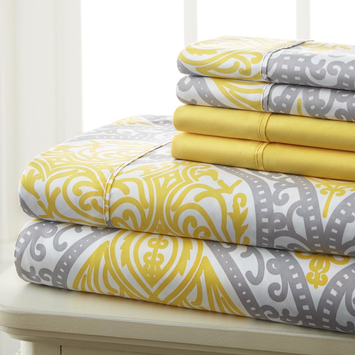 Hotel 5th Ave Prestige Home Collection Sheet Set, Grey Yellow Medallion, Queen, Set of 6