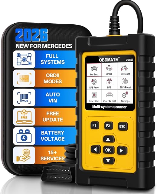 OBD2 Scanner pour Mercedes Benz, OM807 Outil de diagnostic complet avec réinitialisation (Oil/ETC/EPB/ABS/SAS/BAT Register...), complet OBDII Fonctions Lisez et effacez les codes de faute, mise à jour du logiciel libre