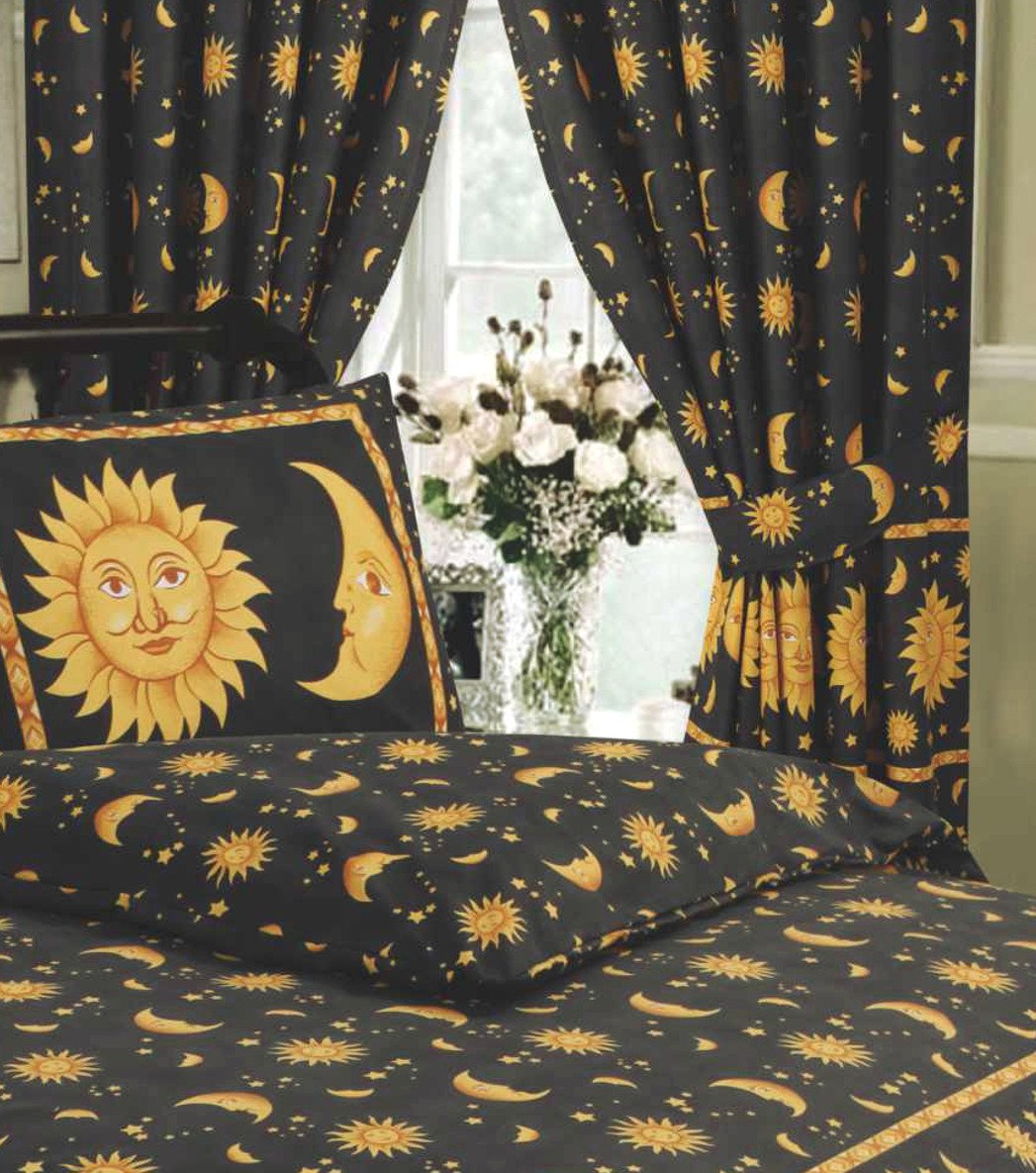 MyHome 66"x54" Sun And Moon Black, Curtains + Matching Tie-Backs, Sun Crescent Moon Stars Space, Black Speckle Yellow Gold
