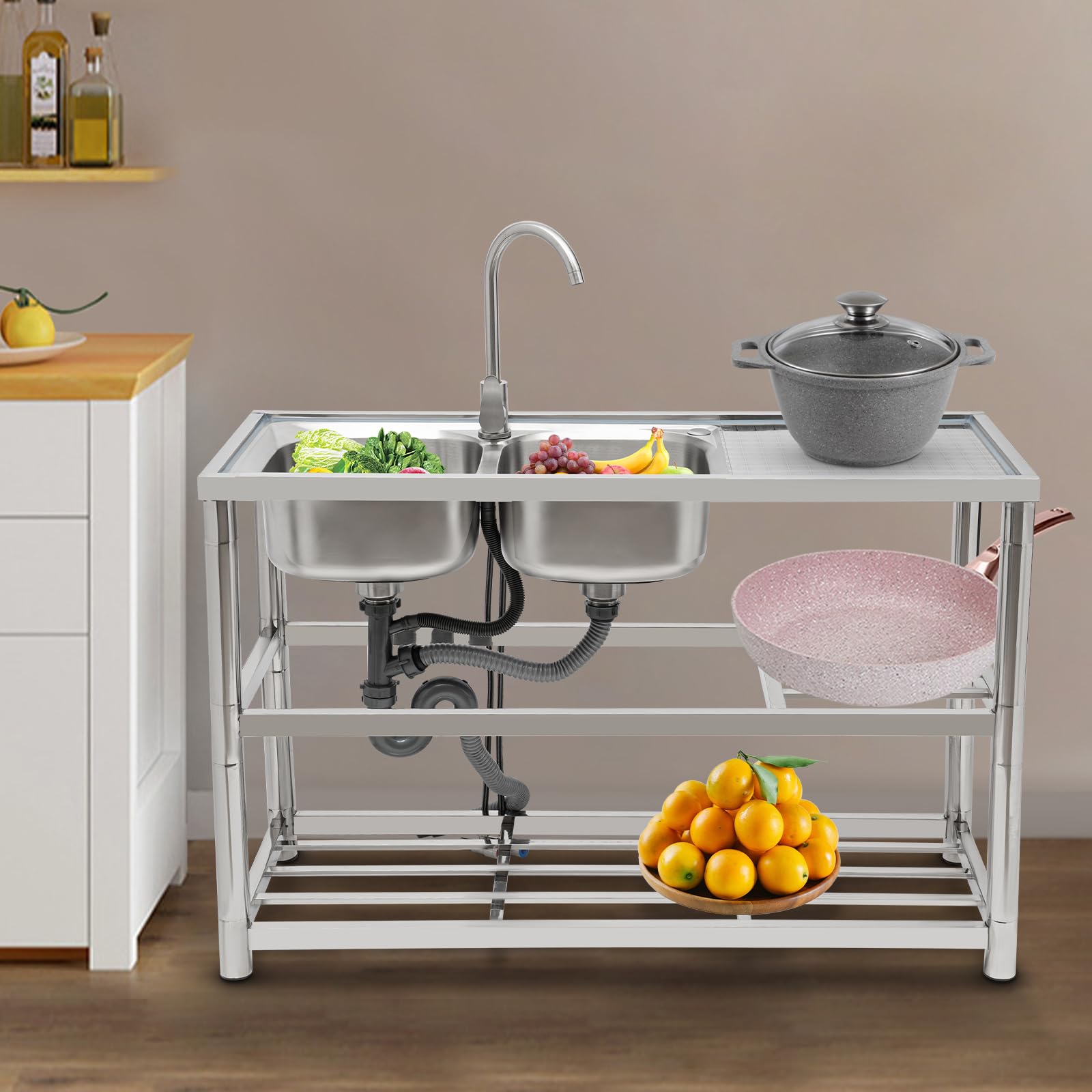 Fregadero doble de acero inoxidable con mesa de trabajo y soporte de almacenamiento doble, cuenco individual de acero inoxidable para negocios, comedor, cocina, cocina, interior y exterior