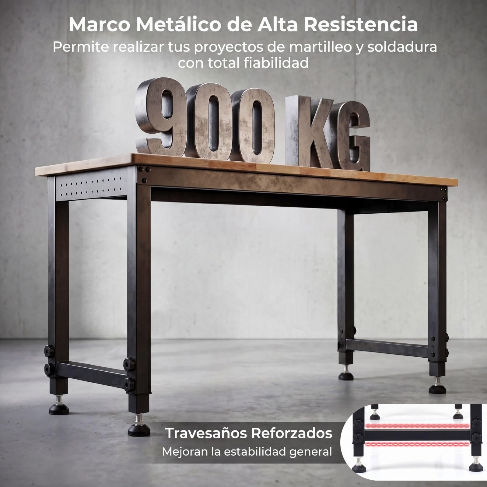 COSTWAY Banco de Trabajo con Estación de Carga, 122 x 51cm, Mesa Trabajo Taller con Altura Ajustable en 6 Niveles, Encimera de Madera Caucho, Marco Metálico, Estación Bricolaje, Carga 900 kg