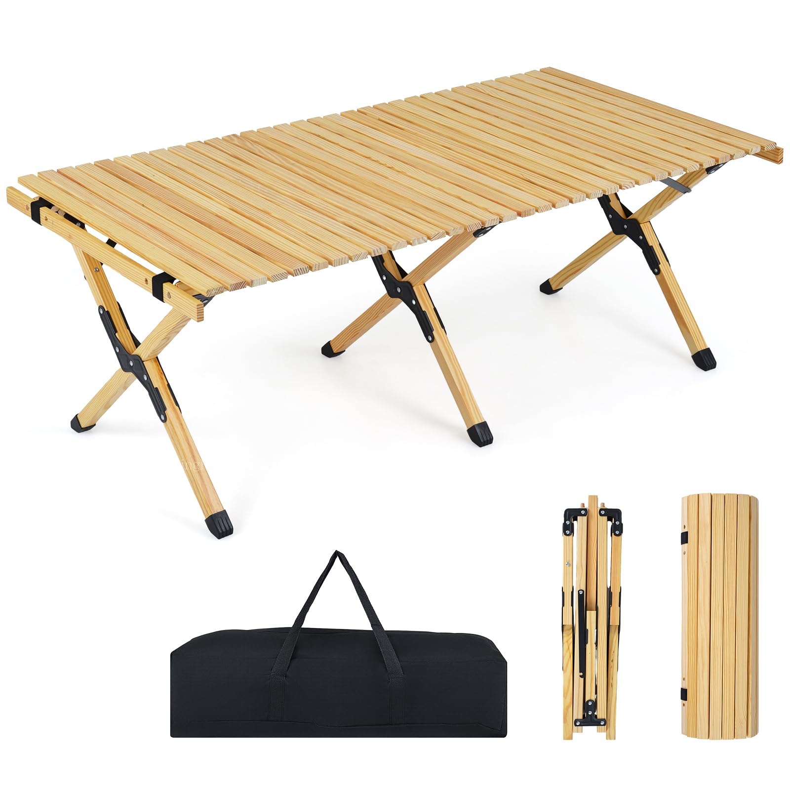 COSTWAY Mesa Plegable Camping, Mesa de Picnic Plegable con Tablero Enrollable de Madera Pino y Bolsa de Transporte para 4-6 Personas, Portátil para Playa, BBQ, Fiestas, 122 x 60 x 45 cm (Natural)