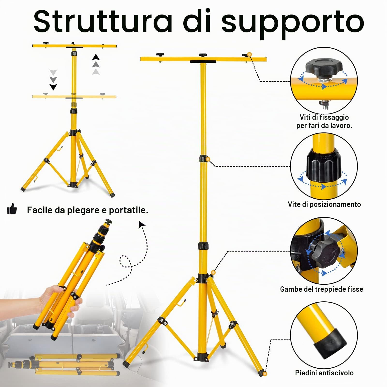 UISEBRT Treppiede telescopico per faretto a LED, in acciaio, regolabile in altezza, 63,5 – 153,5 cm, giallo