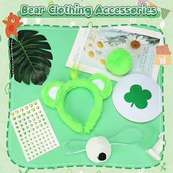5Pcs Cute Bear Costume Accessories, Bear Fancy Dress kit with Furry Bears Ears Headband Nose Tail Stickers, Adorable Animal Cosplay Set for World Book Day Carnival Birthday Party