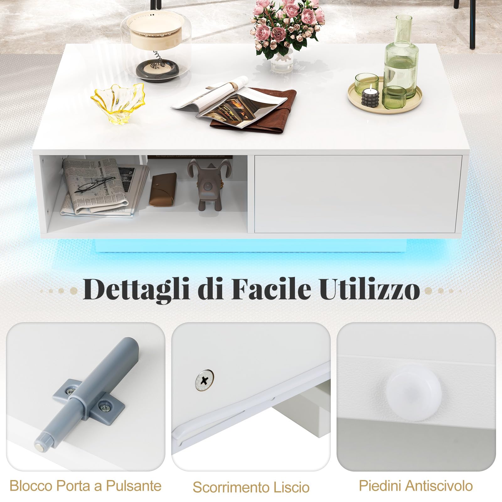 RELAX4LIFE Tavolino da Caffè Moderno 95x55x31cm, con 20 Luci LED Regolabili e Telecomando, in Legno con Finitura Lucida, Cassetto a Pressione e Ripiano Aperto, per Soggiorno, Max 65kg (Bianco)
