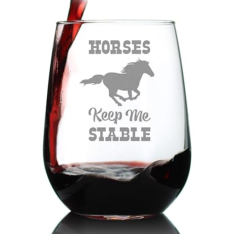 Horses Keep Me Stable – Funny Stemless Wine Glass, Large 17 Ounces, Etched Sayings, Gift Box