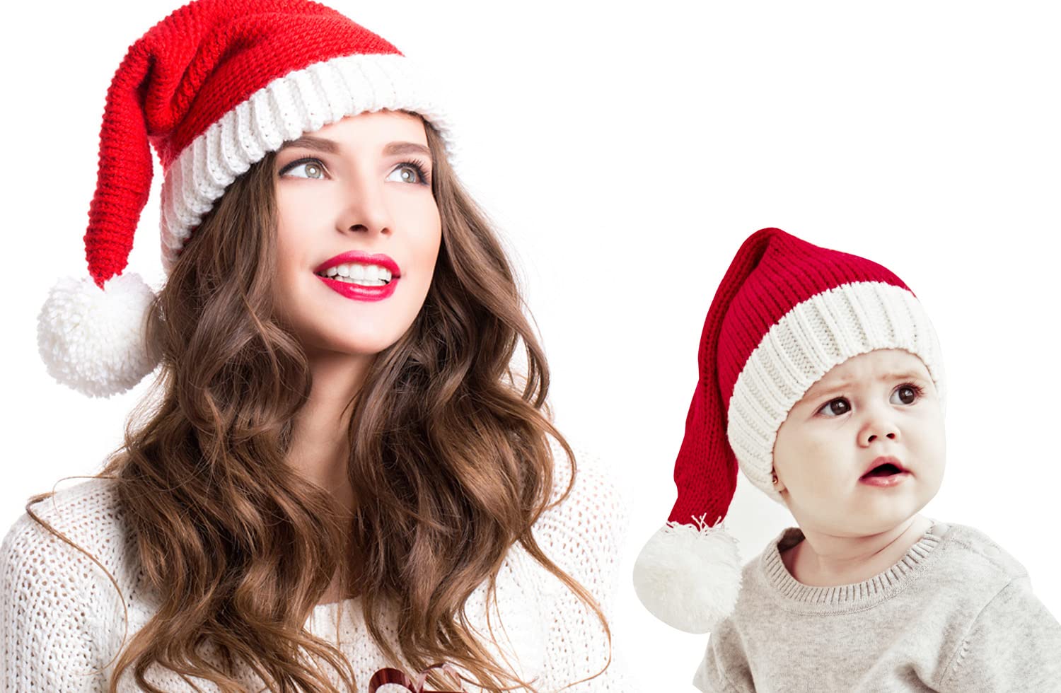 AIYUENCICI Santa Hat for Mother and Baby, Family Christmas Hat, Parent-Child Xmas Hats with Pom Pom