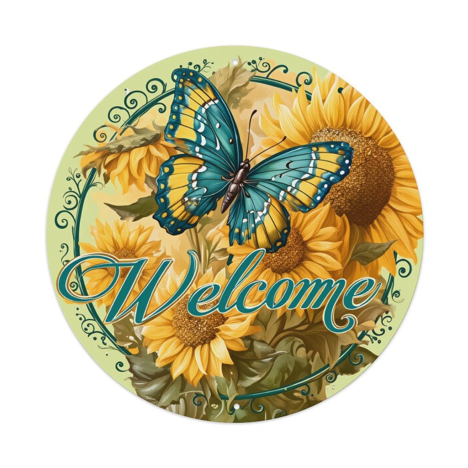 Sunflower Butterfly Welcome Art Design Round Tin Sign Retro Metal Sign for Cafe Bar Pub Home Game Room Gym Club Wall Decoration Vintage Metal Poster 8x8 Inch