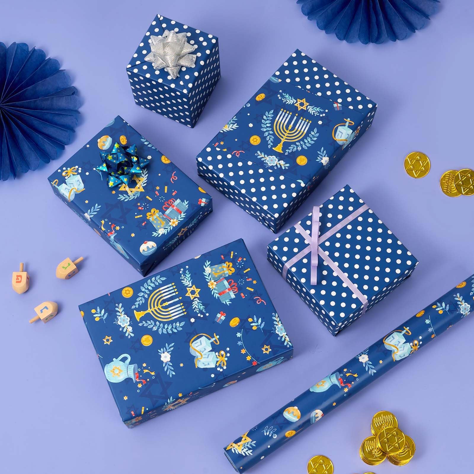 WERNNSAI Hanukkah Wrapping Paper - 1 Roll 17” x 33 ft Chanukkah Gift Wrap Roll Reversible the Star of David Candles Menorahs Design Chanukah Celebration Gift Decoration Blue Gift Favor