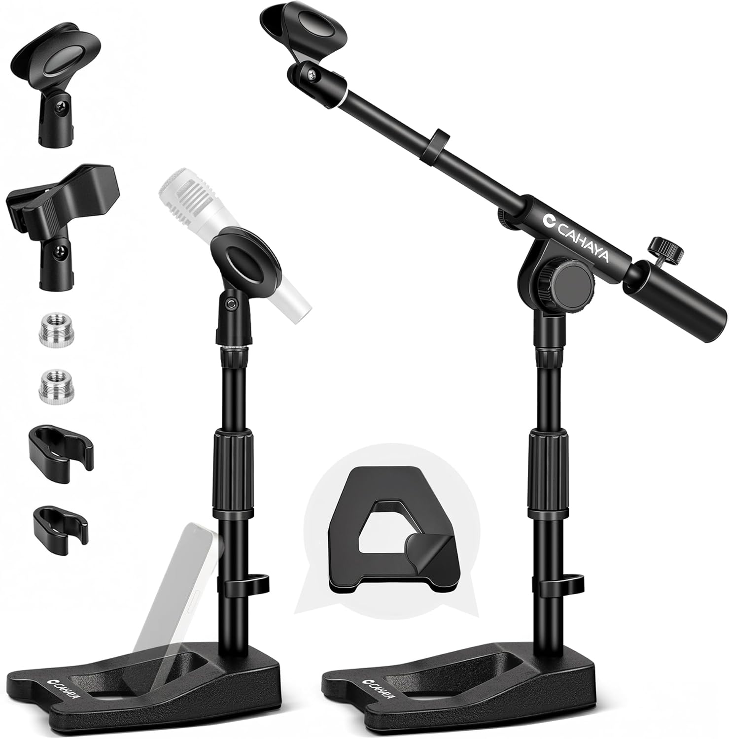 CAHAYA Mic Stand Desk Adjustable – Boom Arm Desktop Microphone Stand Metal Weighted Base A-frame Table Mic Mount with 2 Mic Clips 3/8″ to 5/8″ Screw Adapter Mic Mount for Singing Stage Performance
