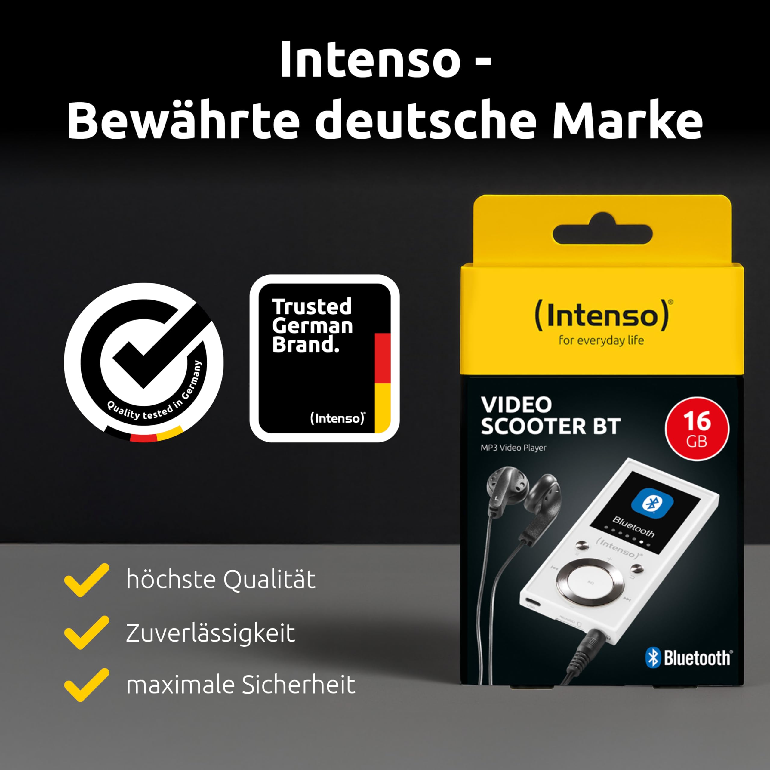 Intenso MP3 Player Video Scooter BT mit Bluetooth 5.0, 1,8 Zoll Farbdisplay, 16 GB microSD, USB-C, bis 18h Akku, inkl. Kopfhörer, weiß