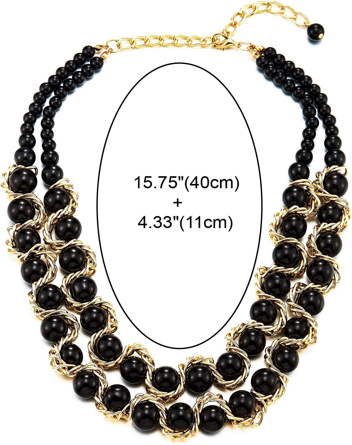 COOLSTEELANDBEYOND Two-Layers Choker Collar Statement Necklace Black Onyx Beads String with Gold Braided Chain Pendant - Image 3