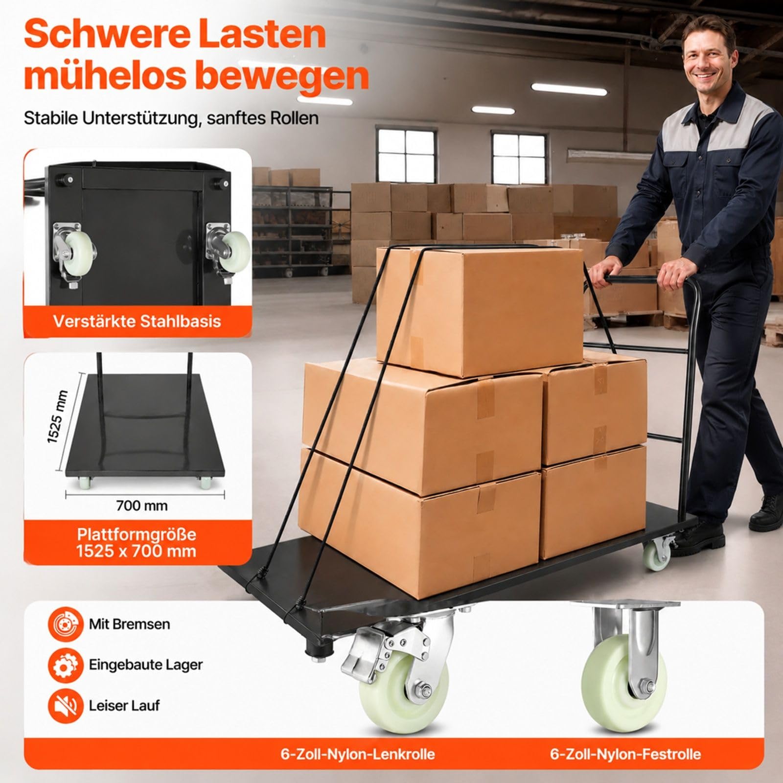 Klappbarer Plattformwagen aus legiertem Stahl, Tragfähigkeit 907 kg, mit Schwenkrädern und Griff, für Lager, Werkstatt, Fabrik und Gepäcktransport