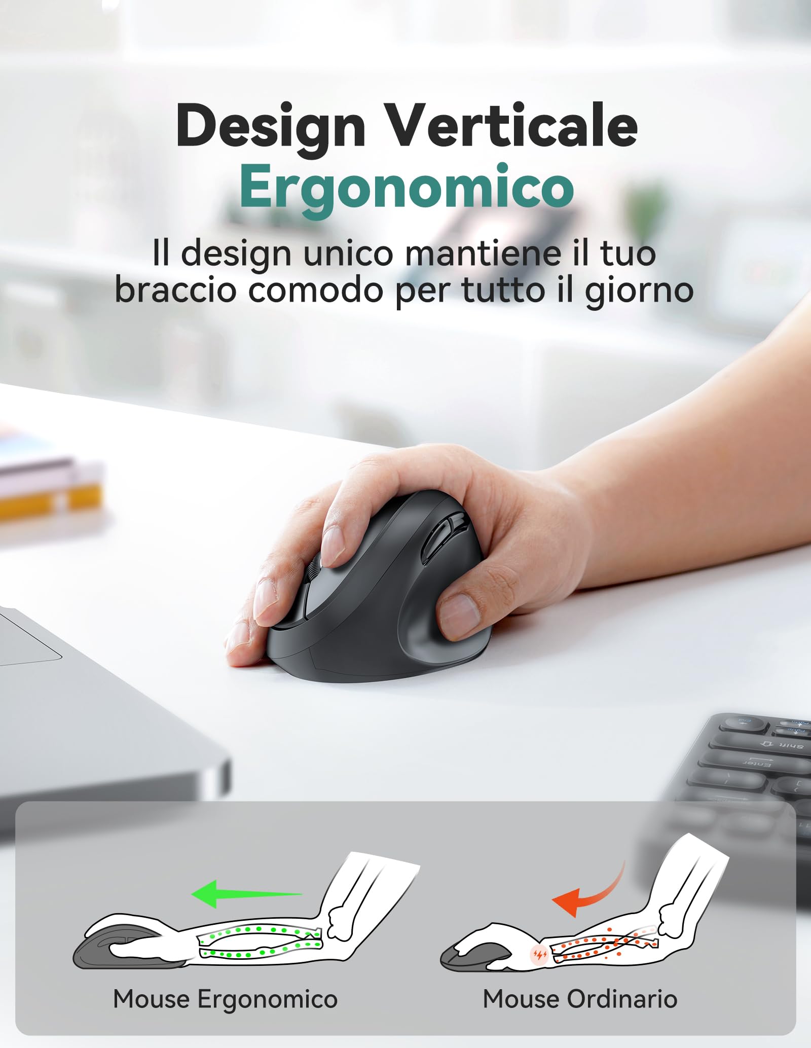 TECKNET Verticale Wireless, 2.4GHz Senza Fili Ergonomico, 4800 DPI, Clic Silenziosi, 6 Pulsanti Per PC, Computer Portatile, Mac - Nero