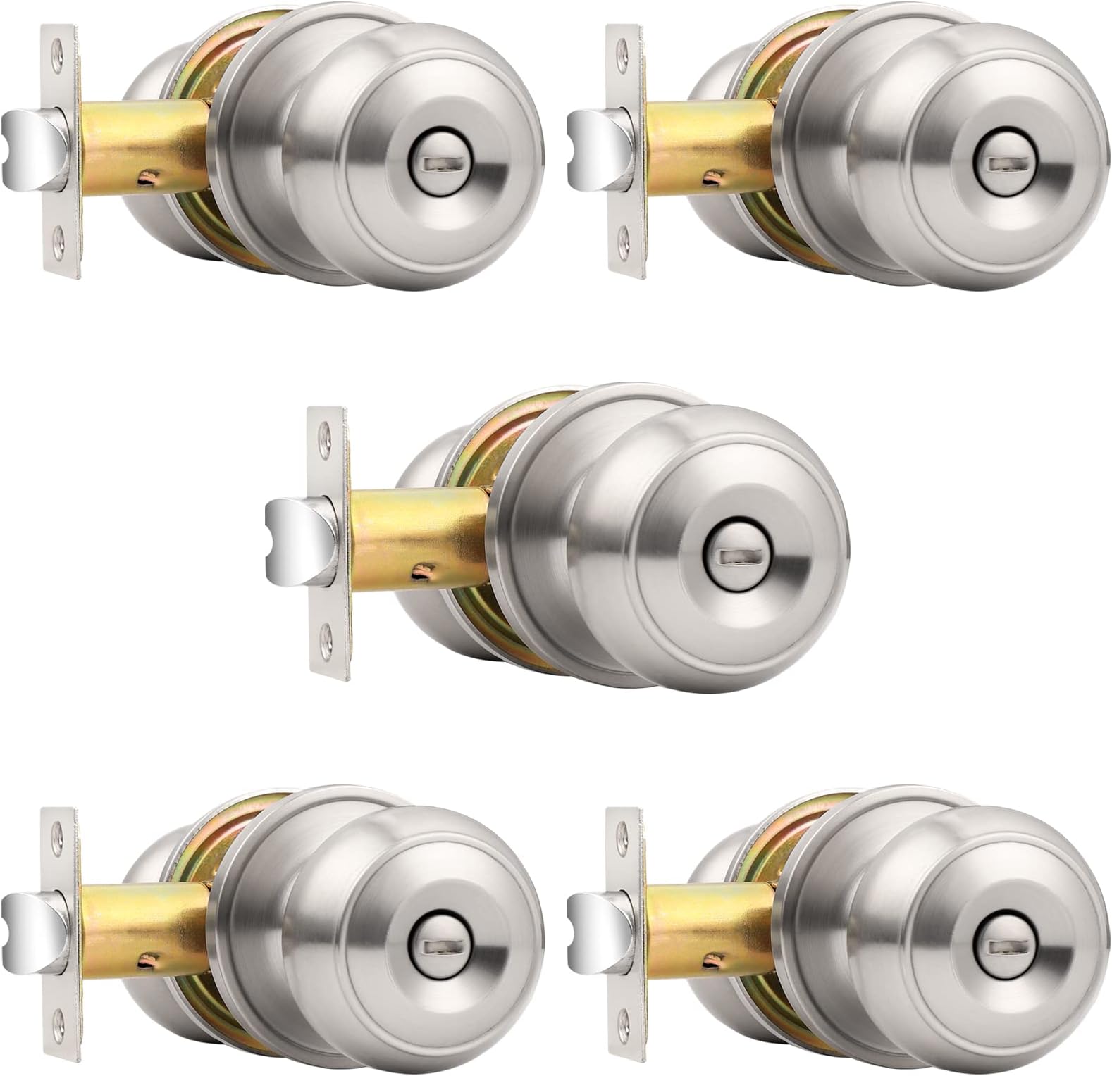 Probrico Brushed Nickel Bed/Bath Knobs Keyless Privacy Interior Doors Locksets, 5 Pack