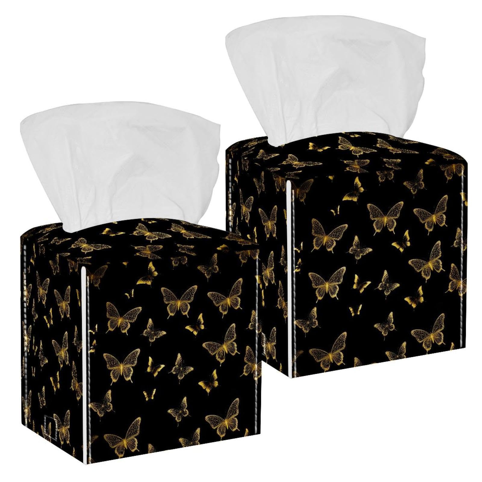 Golden Butterflies Tissue Box Cover, 2 Pack PU Leather Square Facial Tissue Dispenser Box holder for Home Office Car