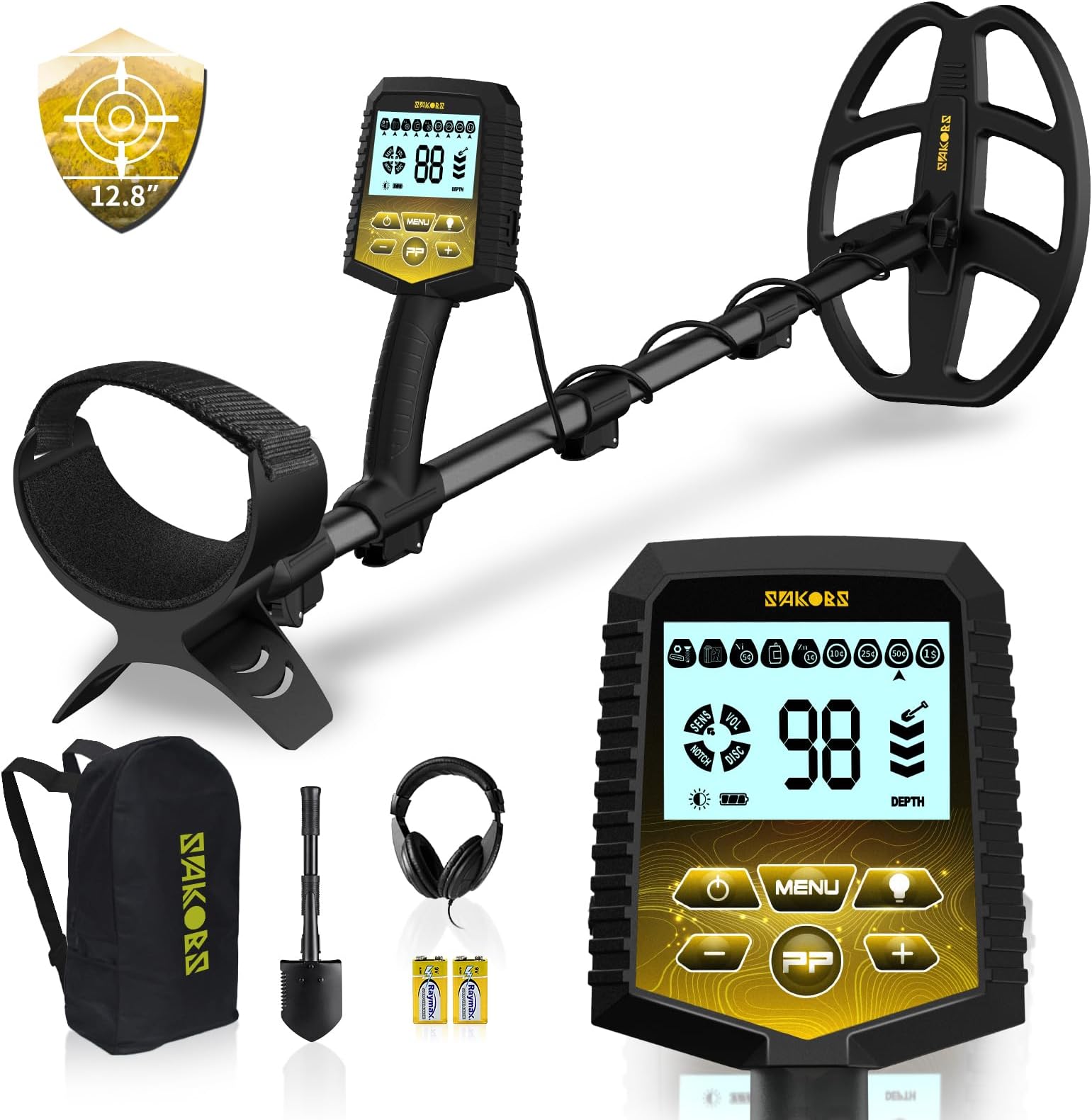 SAKOBS Metal Detector for Adults Professional – Higher Accuracy 9 Types of Metal Target Detection, 11" Waterproof Double-D Coil, New Upgraded DSP Chip and LCD Display （12.8" Detection Depth）