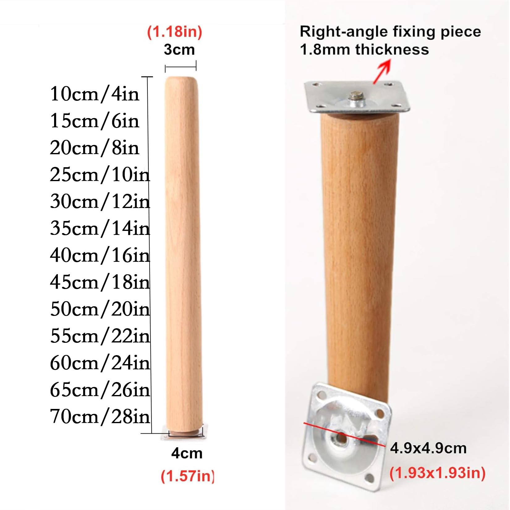Gambe per mobili, in Legno massello 4 Pezzi, dritte, coniche, di Ricambio per Tavolo con Piastre di Montaggio e Viti, per Poltrona, Tavolo, Divano, Letto (70 cm/28 Pollici)