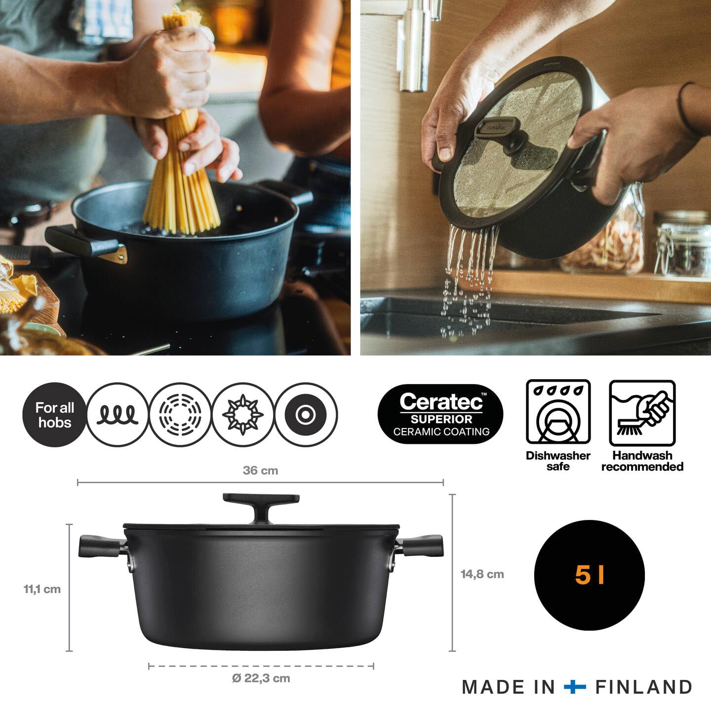Fiskars Casseruola con Coperchio, Hard Face, Diametro 26 cm | Capacità: 5 litri, Rivestimento Antiaderente, Resistente ai Graffi, Alluminio/Plastica, 1075527