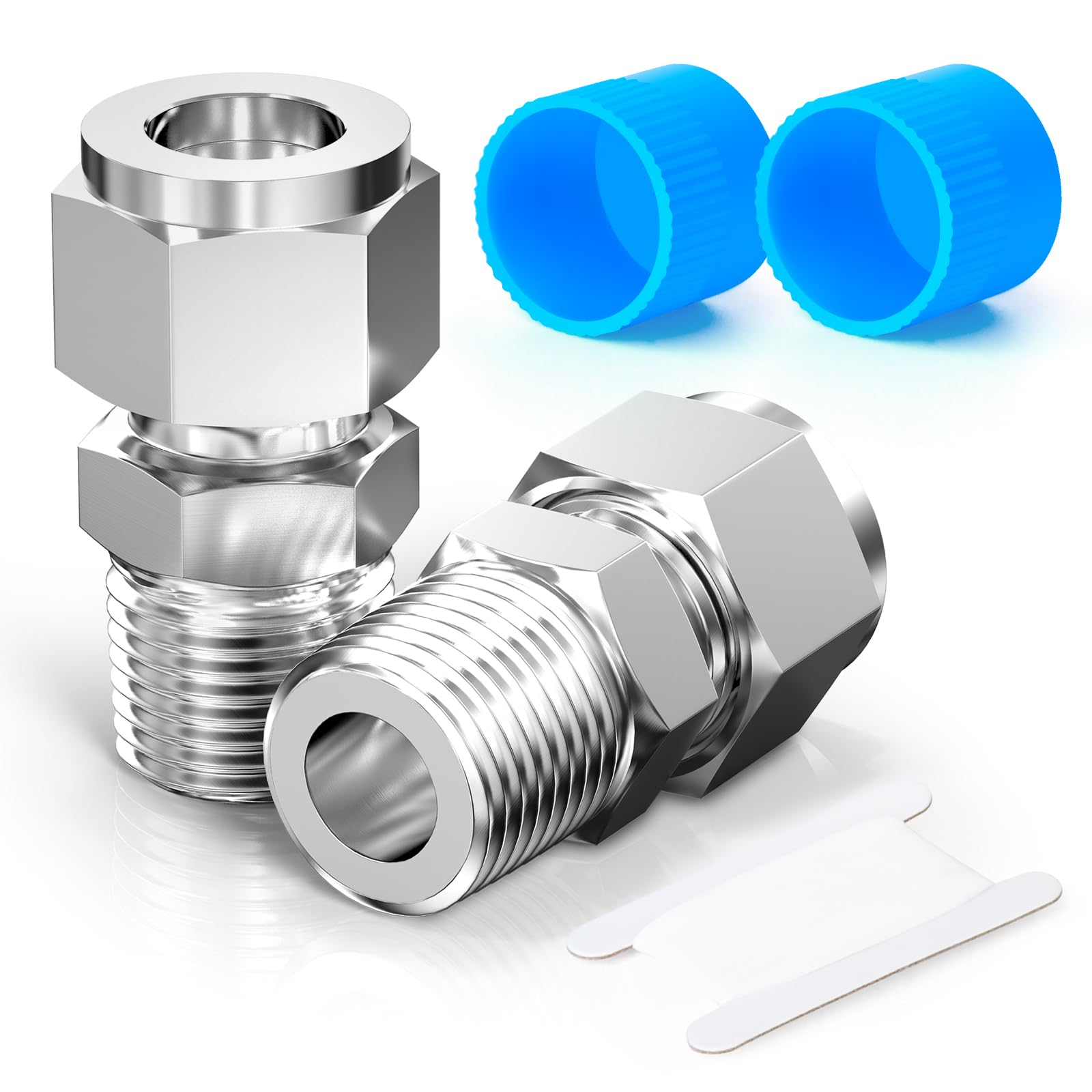 TAISHER 2PCS 304 Stainless Steel Compression Tube Pipe Fitting Connector, 1/2" Tube OD x 3/8" NPT Male Straight Adapter