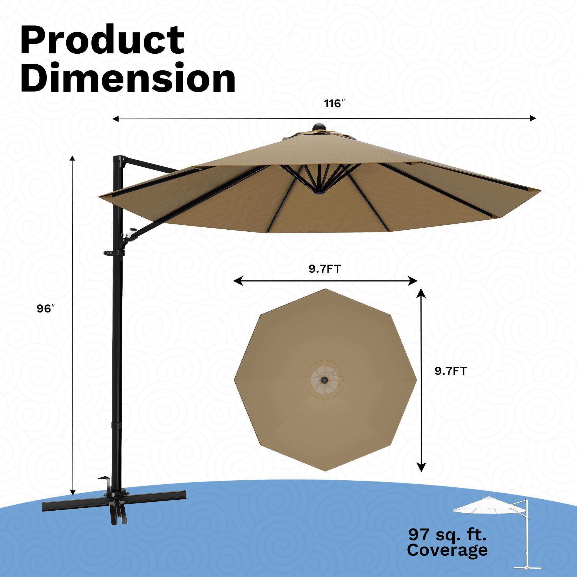 Devoko 10ft Cantilever Patio Umbrella, Round Large Outdoor Umbrella with 360-Degree Rotation, Hanging Offset Market Sun Umbrella, Easy Tilt and Heavy-Duty Frame, for Patio Backyard Garden, Brown