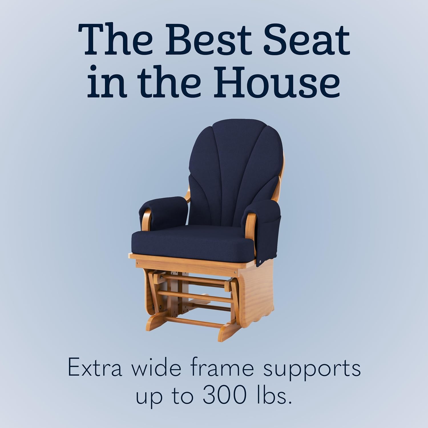 Foundations Lullaby Wood Base Glider Rocker - Baby Feeding and Rocking Chair for Nursery, Daycare Environment - Nursery Rocking Chairs with Padded Foam Arm Rests - (Natural/Blue)