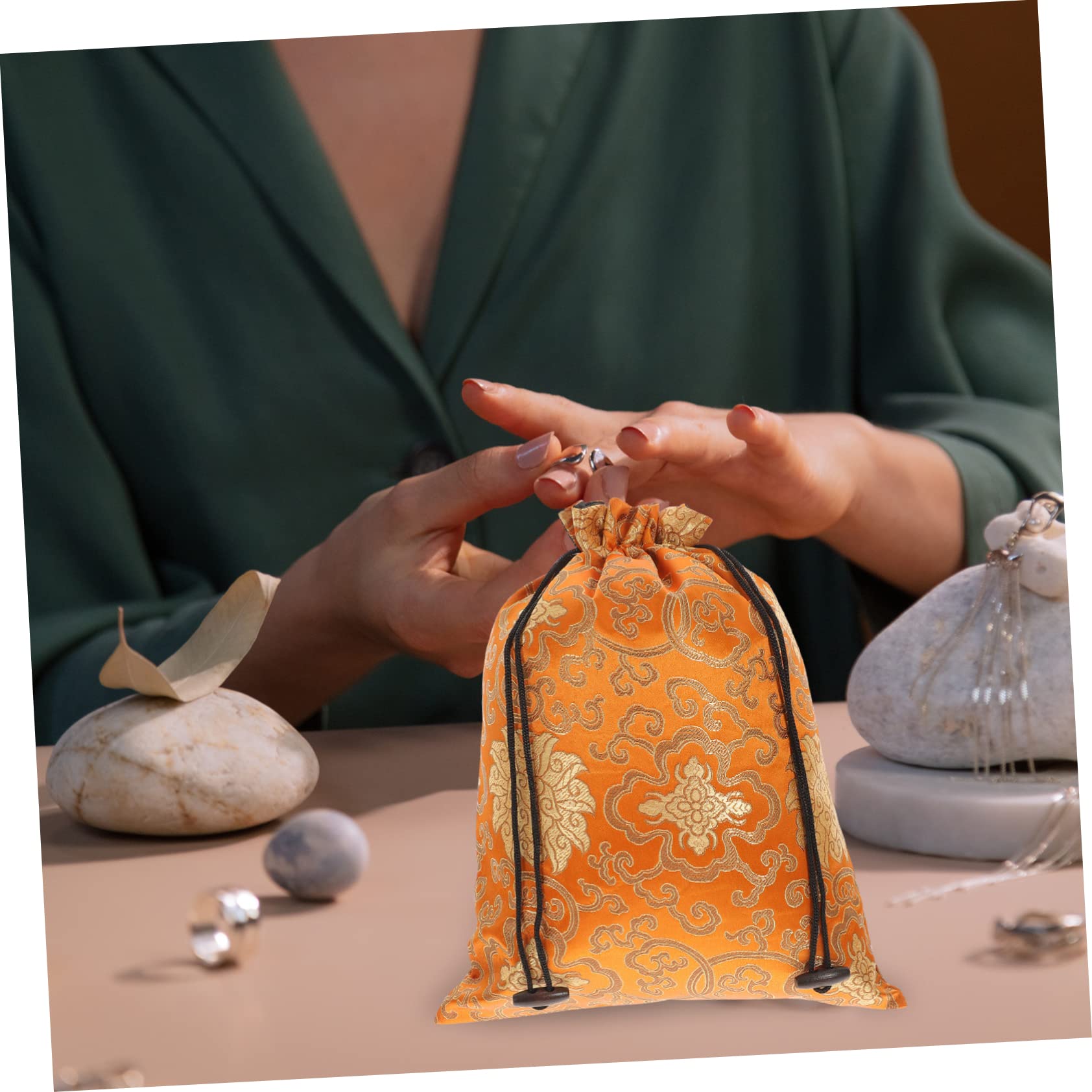 Pochette à Bijoux en Soie Orange à Cordon, Style Chinois