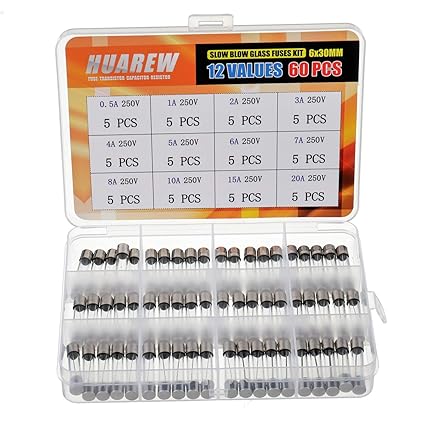 12 Values 60 Pcs 6x30 mm Slow Blow Glass Fuse 0.24x1.18 Inch 250 V Volt T 0.5 1 2 3 4 5 6 7 8 10 15 20 A amp Assortment Kit