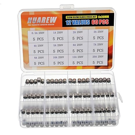 12 Values 60 Pcs 6x30 mm Slow Blow Glass Fuse 0.24x1.18 Inch 250 V Volt T 0.5 1 2 3 4 5 6 7 8 10 15 20 A amp Assortment Kit