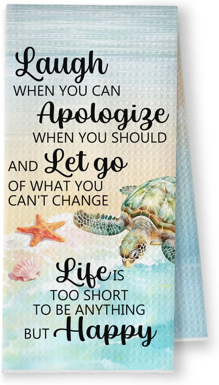 Inspirational Coastal Turtle Kitchen Towels, Sea Turtle Lover Gifts Dish Tea Towels, Rustic Beach Ocean Animal Decorative Hand Towel for Bathroom Kitchen, 16x24 Inch