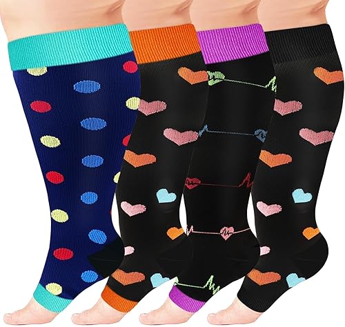 4 pares de calcetines de compresión de punta abierta para mujer, pantorrilla ancha, talla grande, calcetines sin dedos hasta la rodilla, calcetines