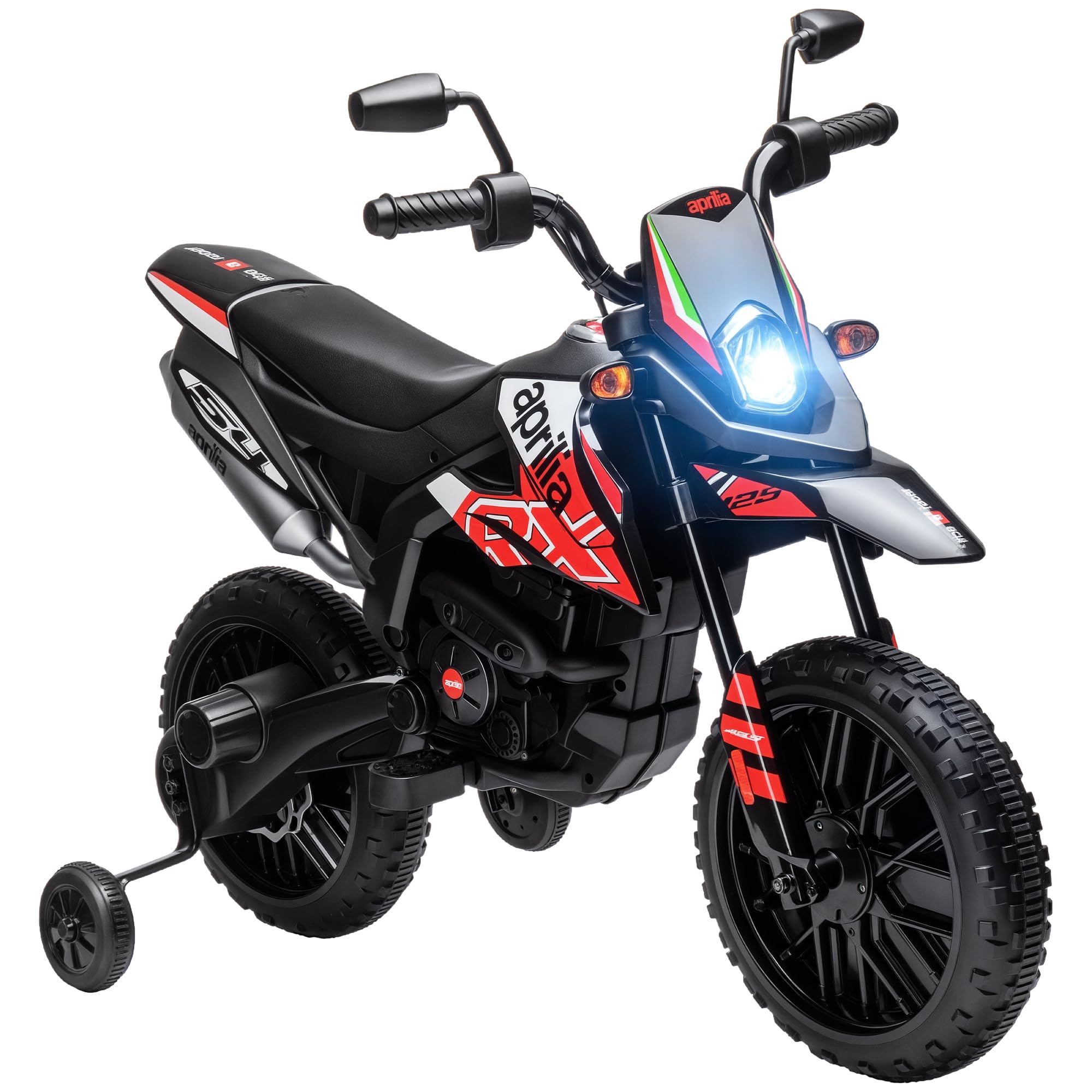 AIYAPLAY Moto électrique Enfants Moto Cross pour Enfant sous Licence Aprilia avec 2 Moteurs 12V, Vitesse Max. 6 km/h, Roues d'entraînement, Suspension à Ressort, lumière LED, Musique, USB - Rouge