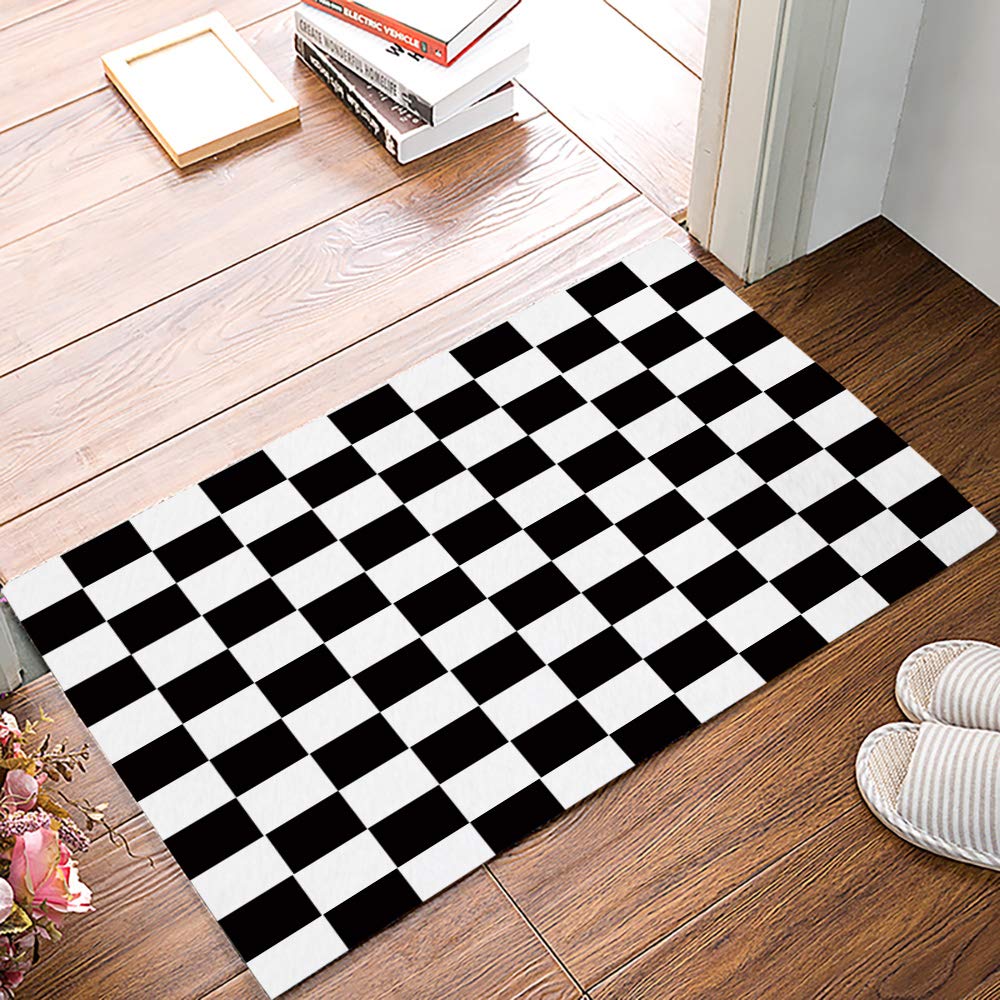 Doormat Indoor Entrance Home Decor Door Mat, Black White Checker Buffalo Anti Fatigue Floor Rugs for Kitchen, Bathroom, Simple Racing Checkered Flag