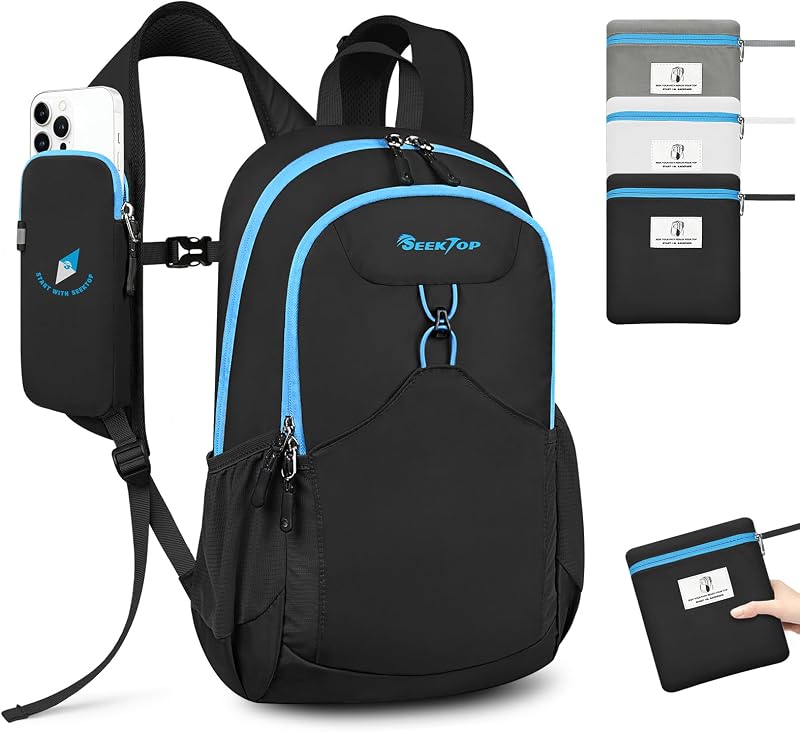 Mochila de senderismo ligera y plegable de 15 litros para hombres y mujeres | Material de nailon resistente al desgarro, bolsillo frontal húmedo y seco, pequeña mochila de senderismo ultraligera para viajes diarios al aire libre