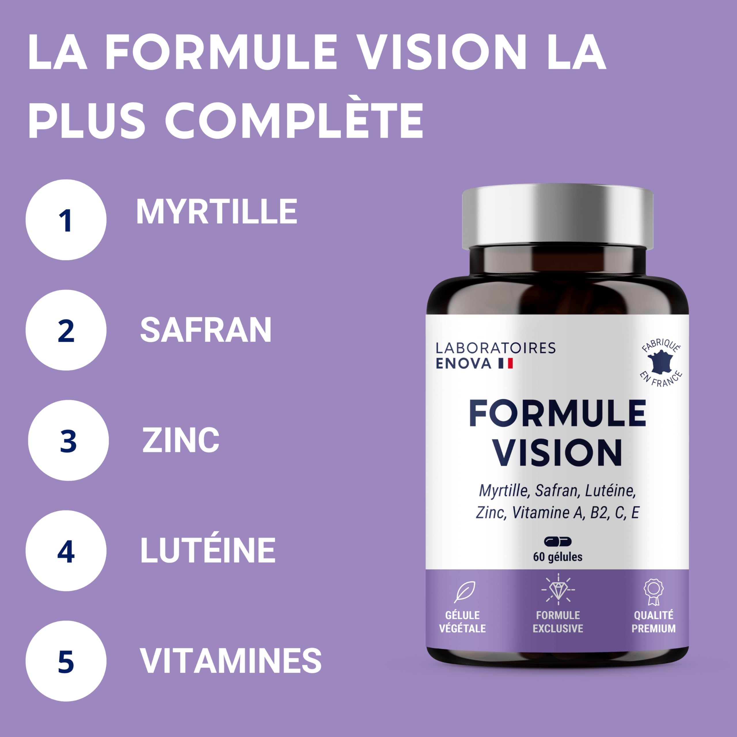 FORMULE VISION | Complément alimentaire pour les yeux | Myrtille, Safran, Lutéine, Zinc et Vitamines | Maintien d'une vision normale, yeux secs et fatigués | 60 Gélules | Fabriqué en France